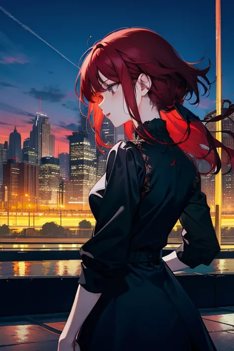 1 girl, alone, Dark Redhead, Amazing Girl, Fascinating, modern city background, Black clothes, Different hairstyles, Short hair vs long hair