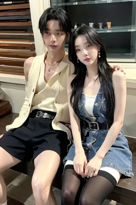 1 woman and 1 man, couple facing each other, Short hair down to the shoulders, chest, forehead, black hair, 여성 허리belt, handbag, nail art, sleeveless dress, bijouterie, seat, face each other and talk, earring, parted Lips, inside, medium hair, Lips, book, C...