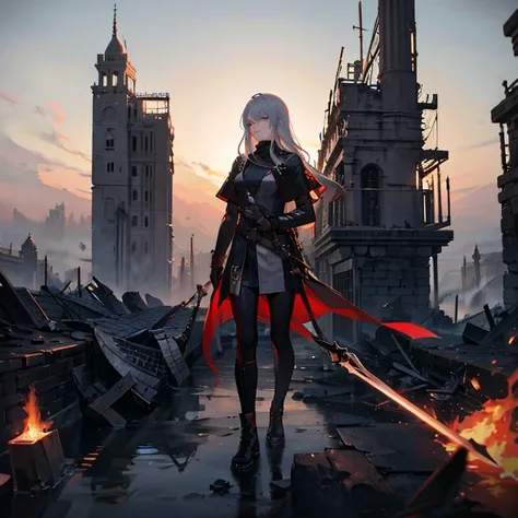 Assassin, In the city of Babylon, fog, thin sword, Gray Hair, Medium length hair, Standing on top of one of the destroyed houses, fire, High resolution, Boy 1, Modern clothing, In a dark fantasy world, Lake in the red roses, reflection 