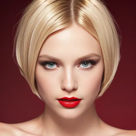 a woman with a red lipstick and a short blond bob, sleek blond hair, shiny bob haircut, beauty retouch, blonde short hair, short bob hair, short slicked - back hair, chrome bob haircut, short straight hair, chin-length hair, professional retouch, short blo...