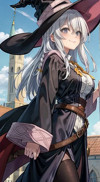 lilyna,witch hat,black robe,collared shirt,yellow ribbon,a light smile,large breasts,highest quality, white hair beauty