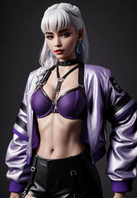 1girl, evekda, white hair, earings, in black, cropped purple-blue jacket, (harness bra), 3d, render,