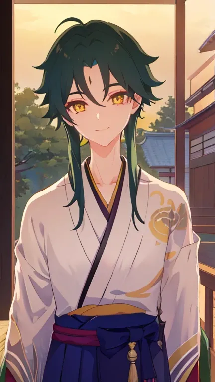 1 boy,dark green hair,highest quality,masterpiece,excessive,male focus,yellow eyes,beautiful eyes,beautiful boy,Family crested Hakama,Japan Kimono,kimono,Hakama,smile,