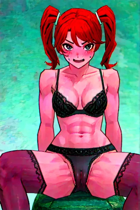 Twintail, red haired, 1girl, grey eyes, short, young, well toned, well built, muscled, toned muscles, red highlights, black bikini, pov, sit, looks at the viewer, spread legs, blushing, sweating, (fingering:1.2), stockings, (ahego:1.5) ,At school, frontal,...