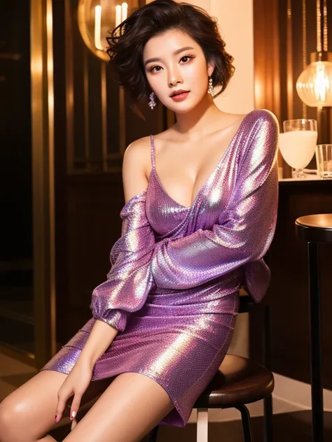  Best quality, tmasterpiece，Coiled hair，sexy sensual confident look ，Sit on a stool frontally，Hair coiled up，Wearing sexy night party dress ，half Loose clothes