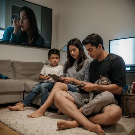 A family of one dad watching television, mom reading and son playing with a gray cat, Todos en la sala 