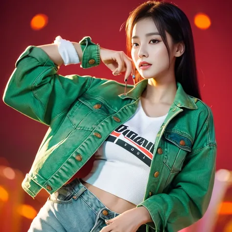 Woman Aarav wearing a green jacket and old ripped denim shorts holds a rose., นางแบบแฟชั่นkorean woman, beautiful south korean woman, gorgeous young korean woman, beautiful young korean woman, Hwang Se-is, Korean actress, Korean girl, Wear a green jacket.,...