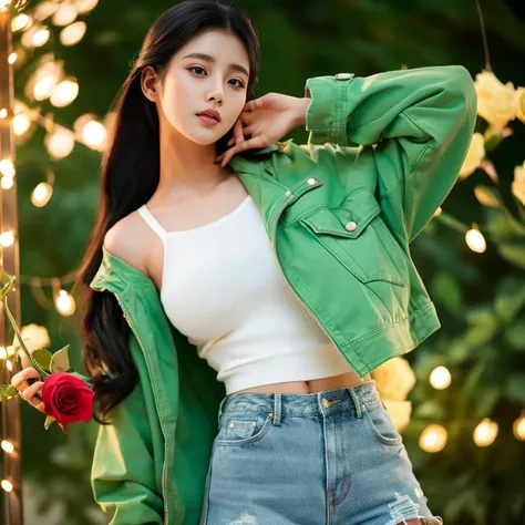 Woman Aarav wearing a green jacket and old ripped denim shorts holds a rose., นางแบบแฟชั่นkorean woman, beautiful south korean woman, gorgeous young korean woman, beautiful young korean woman, Hwang Se-is, Korean actress, Korean girl, Wear a green jacket.,...