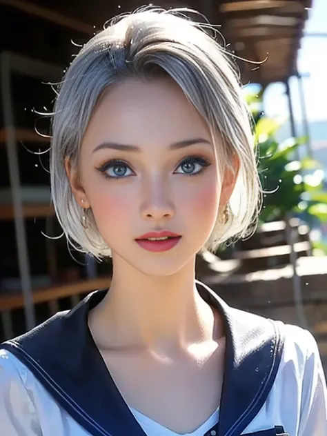 (best quality, 8k, photorealistic:1.5), (solo, one girl:1.5),(shine a bright light on women),(ultimate beautiful girl),(shiny skin),(oily skin),(silver hair:1.5),(short hairstyle:1.3),(cool beauty),Blush brown makeup , dark eye makeup , use pink glossy lip...