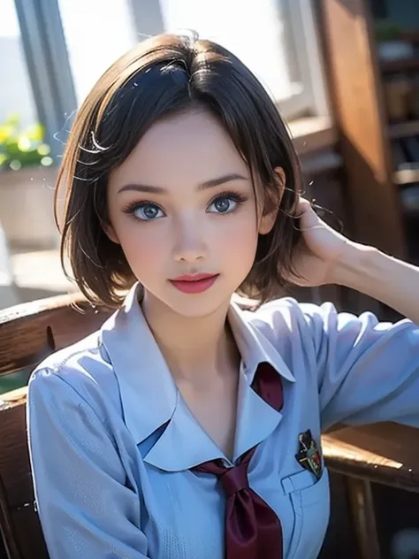 (best quality, 8k, photorealistic:1.5), (solo, one girl:1.5),(shine a bright light on women),(ultimate beautiful girl),(shiny skin),(oily skin),(short hairstyle:1.3),(cool beauty),Blush brown makeup , use pink glossy lipstick,(big beady eyes girl:1.5),(dro...