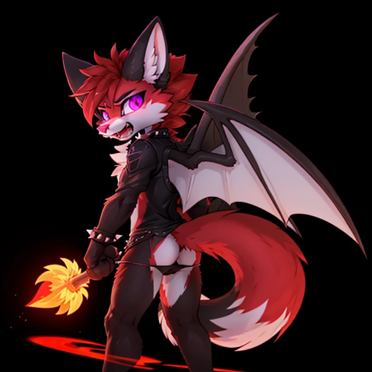 Anthropomorphic male crimson fox, with purple eyes, pink nose, black ears, black sholders, long twirl horns, two tails, white hands, with wings with a spike on top, full body view, evil pose, ready to fight, with an angry, black background, digital art, so...