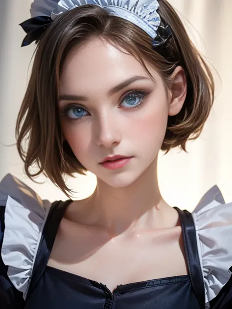 (best quality, 8k, photorealistic:1.5), (solo, one girl:1.5),(shine a bright light on women),(ultimate beautiful girl),(shiny skin),(oily skin),(short hairstyle:1.3),(cool beauty),Blush brown makeup , use pink glossy lipstick,(big beady eyes girl:1.5),(dro...