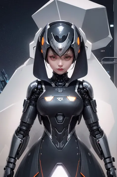 A female robot of a mechanical empire that oppresses humans in the city at night　gray body　ruthless look　Full body like　　Helmet-shaped head　Body with machine exposed, nffsw, retinas, masutepiece, ccurate, Anatomically correct, Textured skin, Super Detail, ...