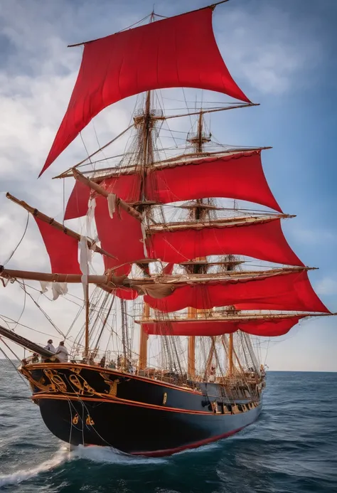 Four-masted brig, White board, Golden ropes, Scarlet Sails, Sunrise at sea, Sailing from east to west, Red Sails, blue ocean, clear sky, Odessa Film Studio, Odessa