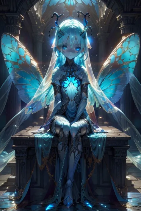 girl with blue butterfly wings, (translucent skin:1.2), no humans, blue hair, partial fused exoskeleton, beautiful eyes with fin...