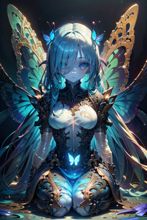 girl with blue butterfly wings, (translucent skin:1.2), no humans, blue hair, partial fused exoskeleton, beautiful eyes with fin...