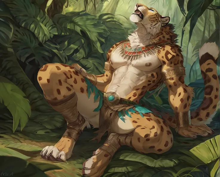 male leopard warriorr, solo, masterpiece, best art, digitigrade, by patto, by oouna, torn tribal outfit, aztec, detailed hands, detailed eyes, detailed torso, jungle, howling expression, muscular, abs, nipples, 