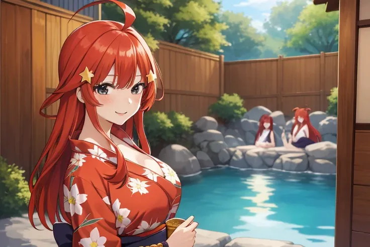 2d, masterpiece, best quality, anime, highly detailed, 5 girl, photo of 5 girl, quintuplets, nakano itsuki, red hair, long hair, star hair ornament, ahoge, large breasts, standing, onsen, brown yukata, outdoors, smile