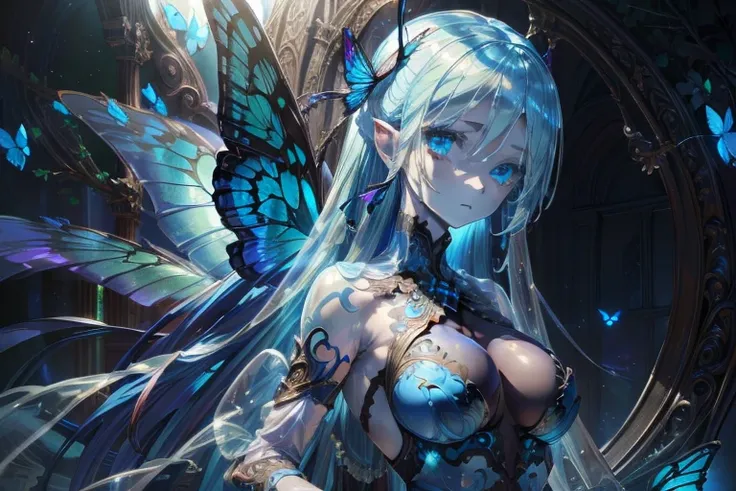 girl with blue butterfly wings, (Translucent skin:1.2), No humans, blue hair, partial fused exoskeleton, Beautiful eyes with fine symmetry, (Intricate details:1.4), (Highly detailed face and eyes:1.2), slim figure, many blue spectral butterflies, sensual p...