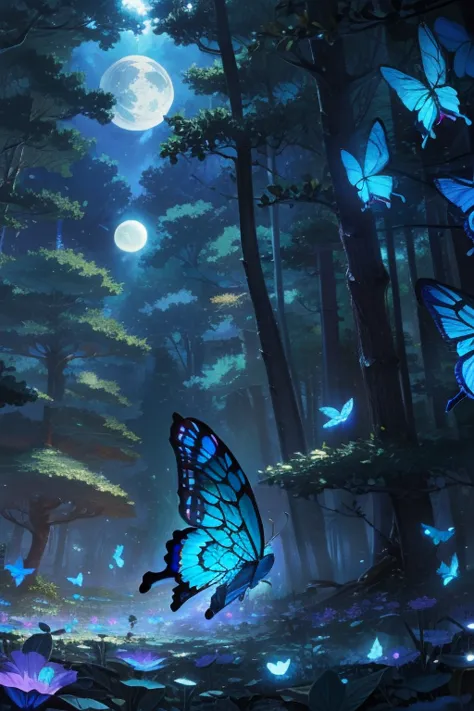 blue butterfly, (intricate details:1.4), forest glade at full moon, (many blue spectral butterflies), anime, fantasy, detailed b...