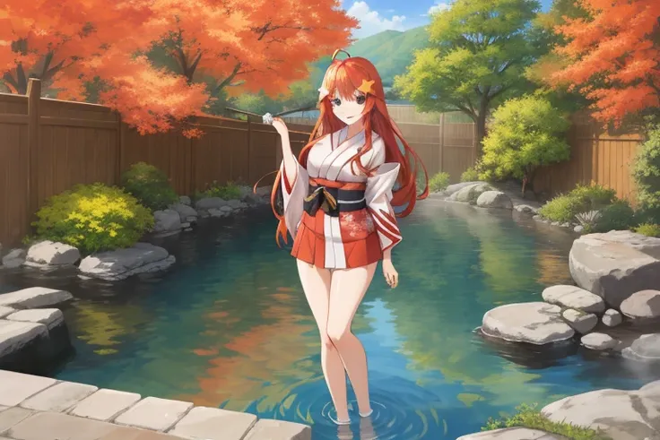 2d, masterpiece, best quality, anime, highly detailed, 5 girl, photo of 5 girl, quintuplets, nakano itsuki, red hair, long hair, star hair ornament, ahoge, large breasts, standing, onsen, brown kimono, outdoors, smile, full body, sexy body, perfect body 