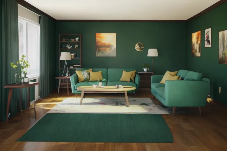 there is a woman standing in a living room with a green couch and a table, mid-century modern, mid - century modern, the living room, 7 0 s living room, mid century modern cartoon style, highly detailed render, rendered in 3 dsmax, very detailed render, fu...