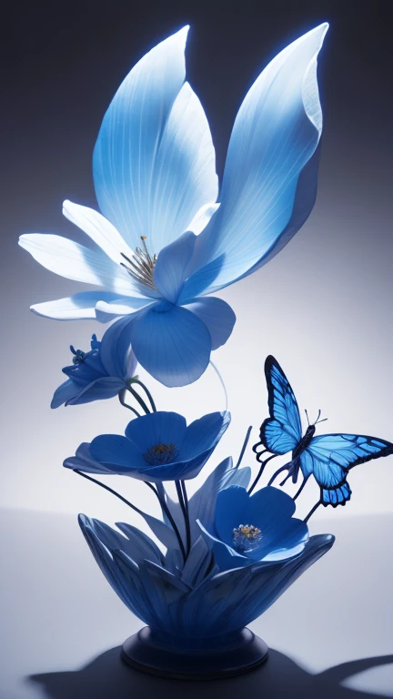 "Mountain of Flower and blue butterfly" highly detailed carving on porcelain, Accent Lighting, Volumetric Lighting, backlighting, photorealistic, ((an extremely delicate and beautiful))