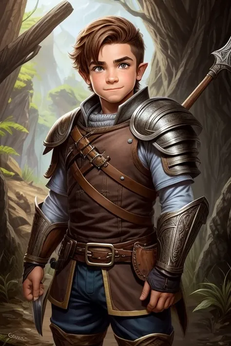 garoto halfling guerreiro com cabelo castanho curto e olhos castanhos em armadura de couro