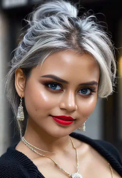 urban beautiful girl college student, masterpiece, light makeup, red lips, silver hair, messy long hair, street background, beau...