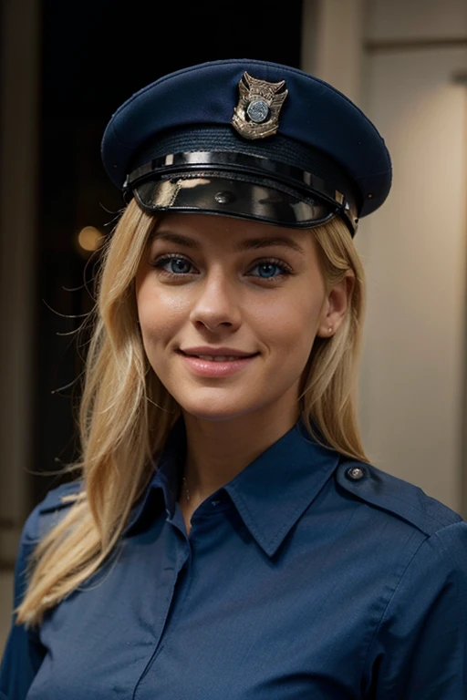 Very attractive blonde woman, police officer. blue eyes, facing the camera. Smiling. Police Uniform. 