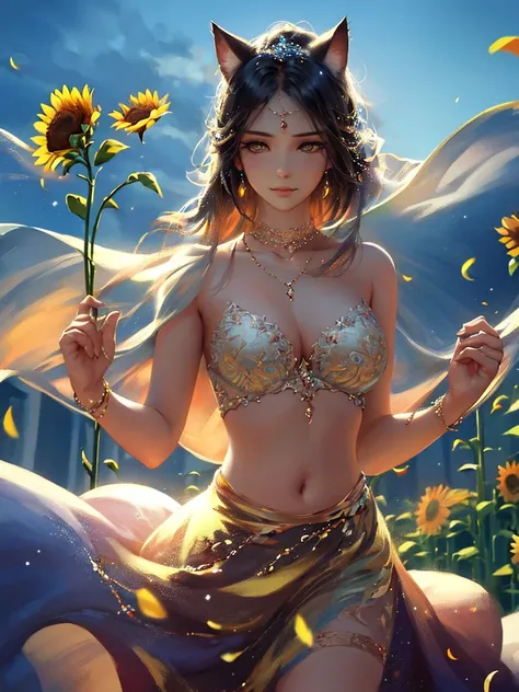 anime style, very fine illustration, high detail, dynamic angle, great detail, 8k, summer day, field of sunflowers, sunny day. BREAK The woman stands motionless, fascinated by the beautiful scene, watching the sunflowers bloom. The expression on her face s...