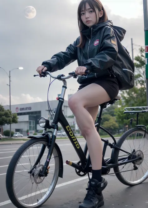 ((highest quality)), ((masterpiece)), (detailed), Perfect Face, highest quality, masterpiece, Color Anime, 4K, Realistic, highly detailed, Round ass,16 years old,One girl riding a bike, Techwear, Cyberpunk City, alone, Futuristic, Huge moon in the backgrou...