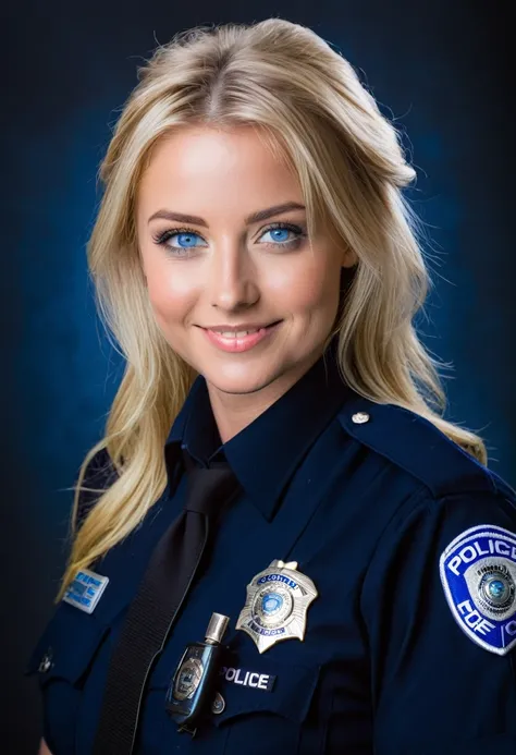 Very attractive blonde woman, police officer. blue eyes, facing the camera. Smiling. Police Uniform. 