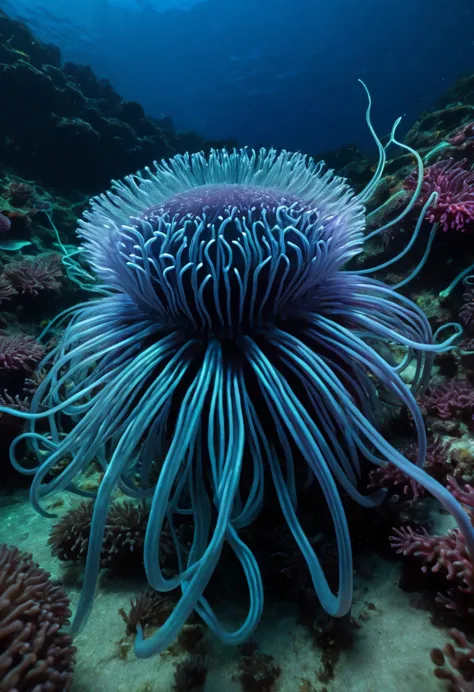 a gigantic anemone with undulating tentacles, some shaped like electronic circuits.