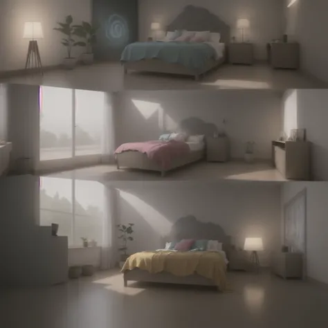 (Conformal projection method:1.5),(Pixar Style:1.2), room, bed, sofa,(Small Bonsai:0.8),Desk lamp, tv set, mural, 3D,,Panoramic Photos,White Background, Plain background,Global Illumination, Ray Tracing, modeling,High resolution,Octane Rendering,Unreal Ren...