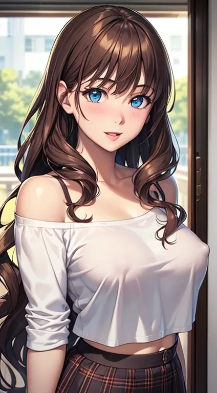 ((masterpiece, best quality, highres, UHD, perfect pixel, depth of field, 4k, RTX, HDR))), 1girl, single, solo, beautiful anime girl, beautiful artstyle, anime character, ((very long hair, bangs, brown hair, curly hair:1.2)), ((Light blue eyes:1.4, rounded...