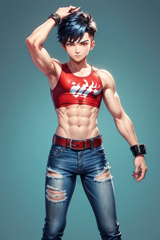 Boy with slim muscular build, sleeveless t-shirt, chile vandera print, celeste hair, red and blue, denim pants, black leather belt, chile background 