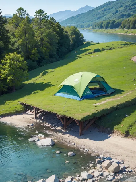 There are tents and fishing poles on the river bank