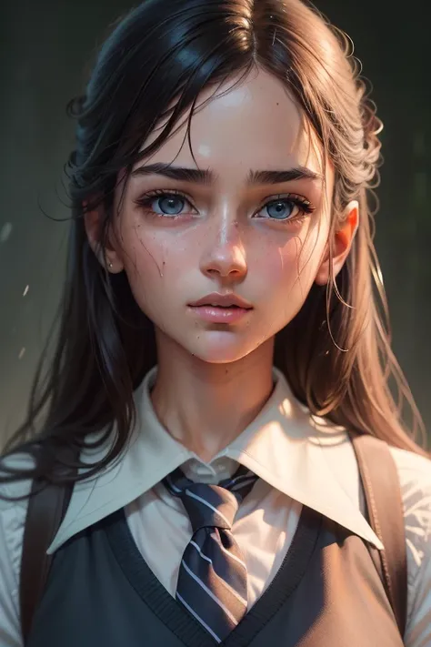 (hyperrealistic), (8K), (extremely detailed), (best illustration), (beautiful detailed eyes), (best quality), (ultra-detailed), (masterpiece), (wallpaper), (detailed face), solo, 1 girl, one-hour drawing challenge, wet sweat, (school uniform:1.3), looking ...