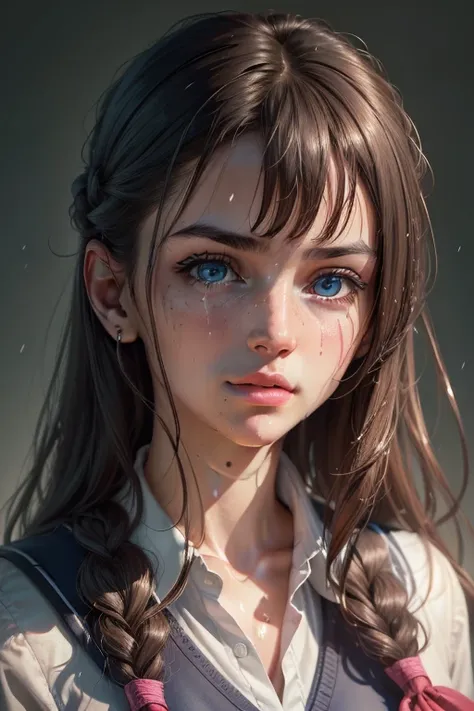 (hyperrealistic), (8K), (extremely detailed), (best illustration), (beautiful detailed eyes), (best quality), (ultra-detailed), (masterpiece), (wallpaper), (detailed face), solo, 1 girl, one-hour drawing challenge, wet sweat, (school uniform:1.3), looking ...