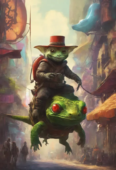 en una ciudad medieval cyberpunk, a teletubbie with a charro hat riding a giant chameleon 