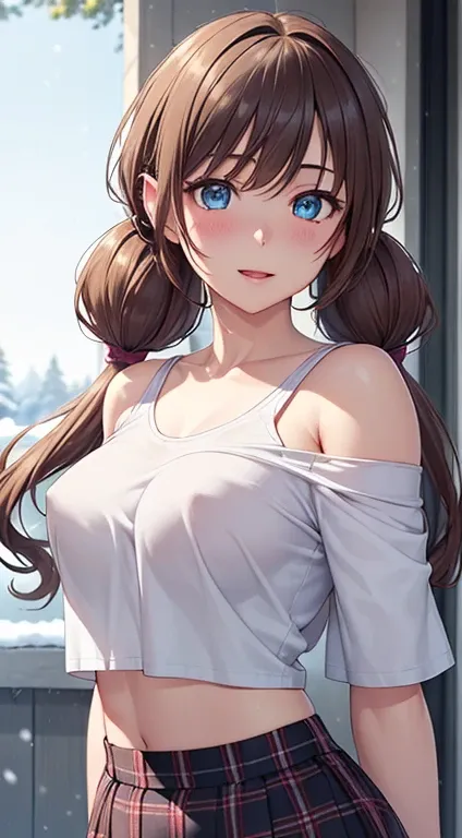 ((masterpiece, best quality, highres, UHD, perfect pixel, depth of field, 4k, RTX, HDR))), 1girl, single, solo, beautiful anime girl, beautiful artstyle, anime character, ((very long hair, bangs, light brown hair, curly hair:1.2,twintails)), ((Light blue e...