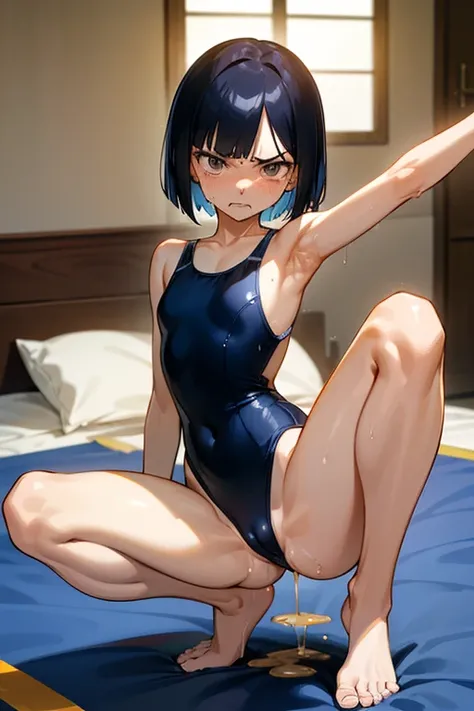 18 year old Japanese, high school student、Black short bob, small size of breasts, Flat Chest、Slim body, squatting position, Spread your legs, Spread your legs, Only one girl, On the bed、One piece swimsuit、Navy blue school swimsuit、Front of body、looking at ...