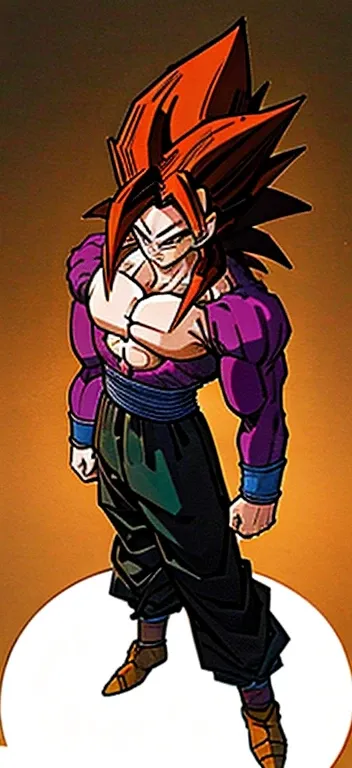 Make a Dragon Ball inspired character, SSJ4, dragon ball logo on bottom of image, standing straight, face expression is calm, facing straight at viewer.