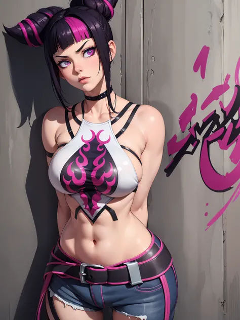 { - anatomy error} (Masterpiece - Ultra-detailed, very high resolution)Juri Han,Masterpiece, Best Quality, 1girl, report, crop-top, jean shorts, Choker, (graffiti:1.aint splatter, (Hands Behind Your Back), Against a wall, looking a viewer, A bracelet, thig...