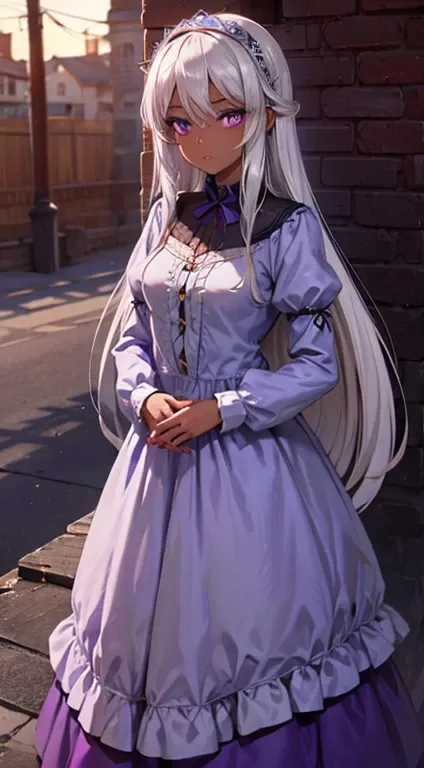 Lady ultamia, rare, time maiden, baggy gown, beautiful girl, long silver hair, Violet eyes, dark skin, town,