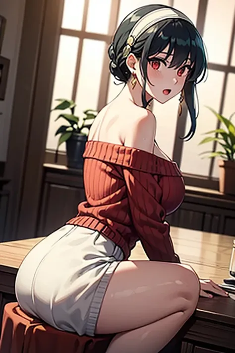 masterpiece, yor, 1girl, Bust A Cup, Amazing Cleavage:1.0, thin waist, big ass, Raised sexy, big breast: 1.2 posed cleavage:1.2、solo, looking at viewer, open mouth, black hair, red eyes, dress, bare shoulders, jewelry, collarbone, sidelocks, hairband, earr...