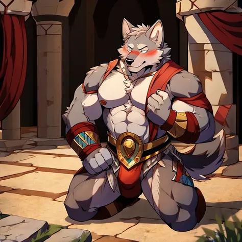 man，Gray wolf，Gladiator，Blushing，the strong，Kneeling，Crotch bulge