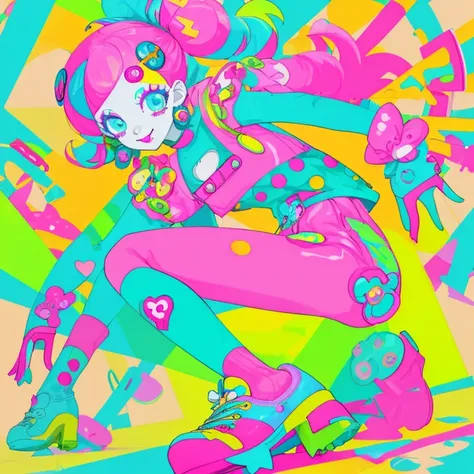 Decora styled person, with a bright colored outfit,and fun shoes, with lots of hair clips and acessories 