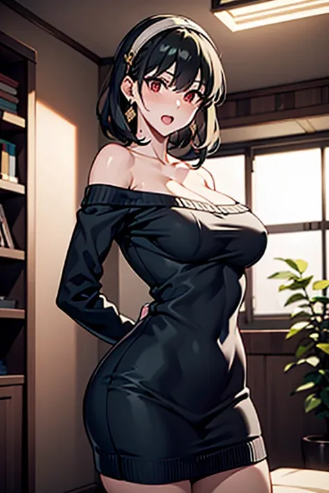 masterpiece, yor, 1girl, Bust A Cup, Amazing Cleavage:1.0, thin waist, big ass, Raised sexy, medium breast: 1.0 posed cleavage:1.2、solo, looking at viewer, open mouth, black hair, red eyes, dress, bare shoulders, jewelry, collarbone, sidelocks, hairband, e...